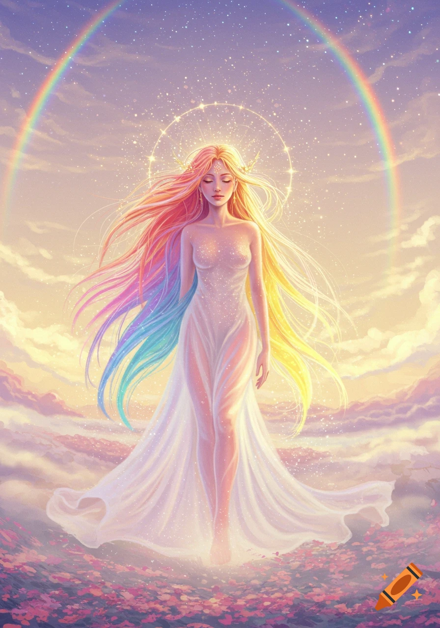 Ethereal goddess with flowing rainbow hair in a sheer gown, on glowing flowers under a rainbow sky.