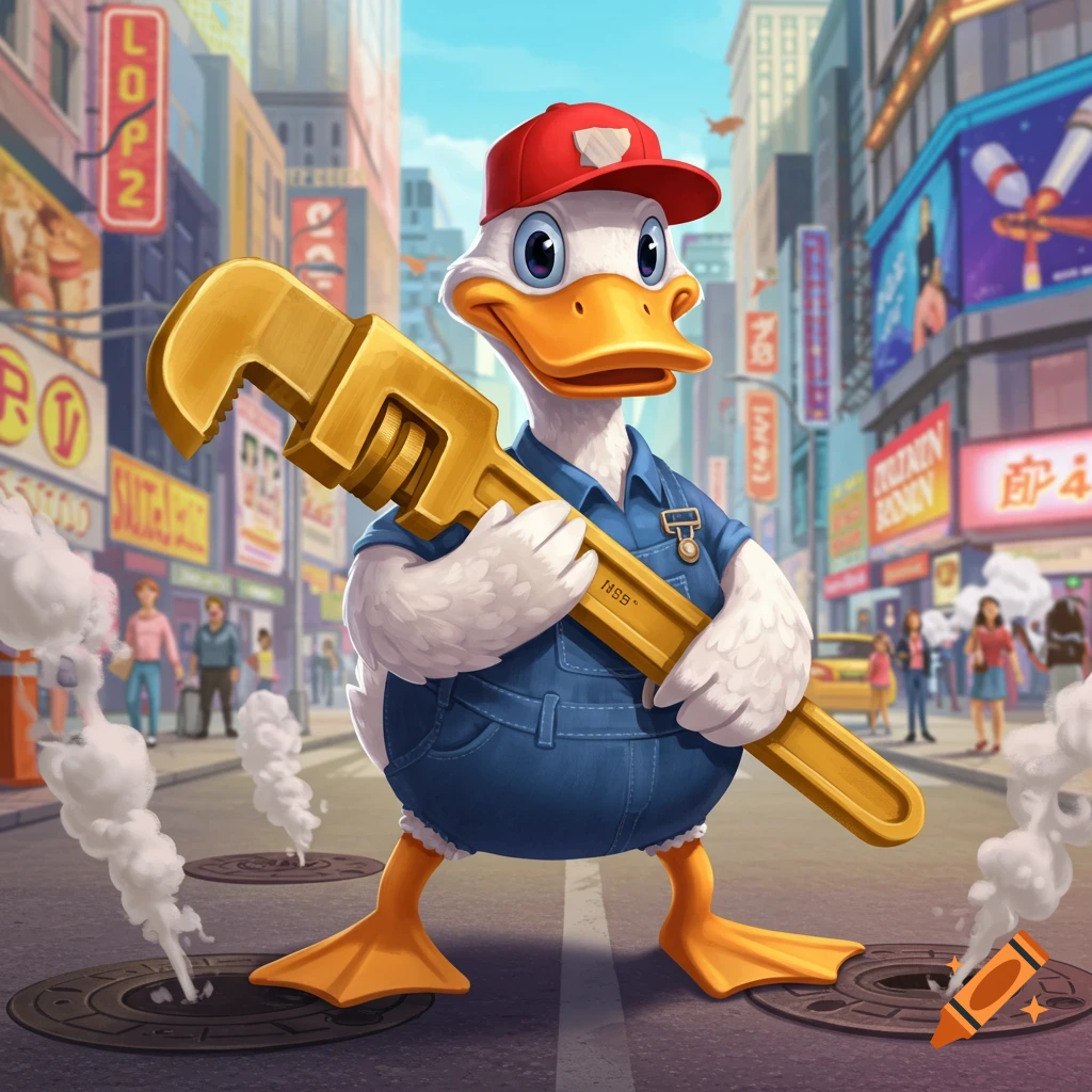 A cartoon duck plumber in overalls and a red cap holds a golden pipe wrench, standing on a city street with steam rising from manholes.