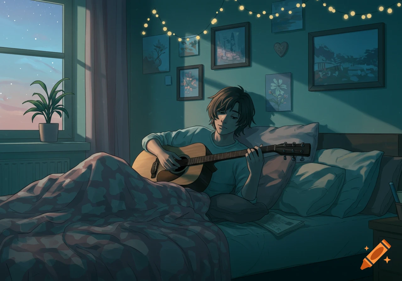 An anime-style illustration of a person playing an acoustic guitar while lying in bed, bathed in soft light.