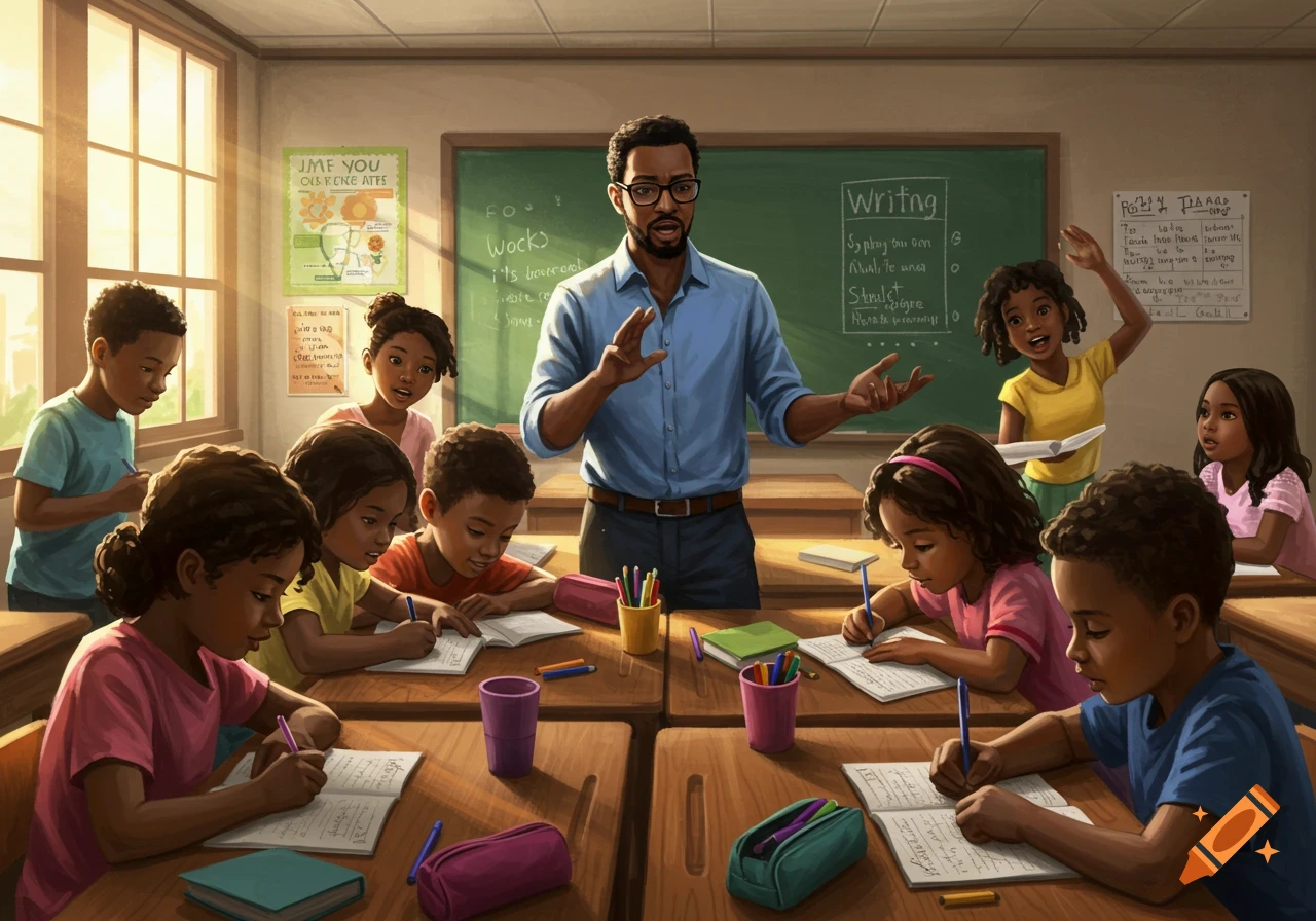 A Black male teacher instructs a diverse group of excited elementary school students in writing within a bright classroom.
