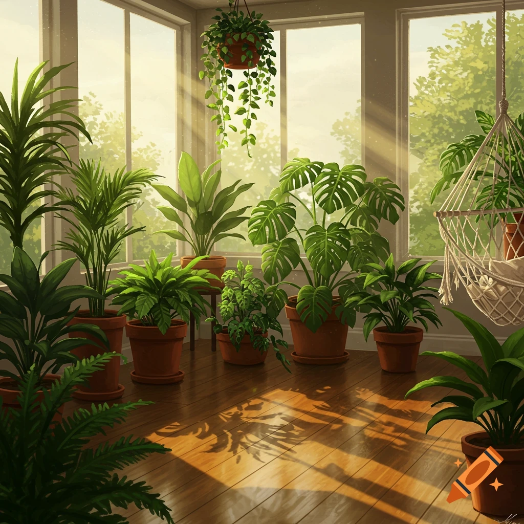 A sunlit room filled with various potted green plants, including a large Monstera, with a macrame hammock.