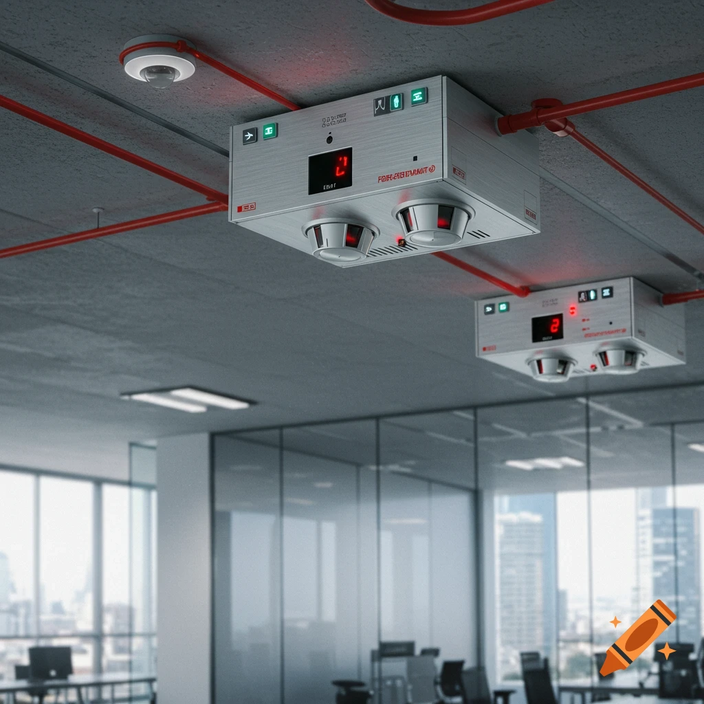 Photorealistic image of fire alarm units and a smoke detector on a concrete ceiling in a modern office.