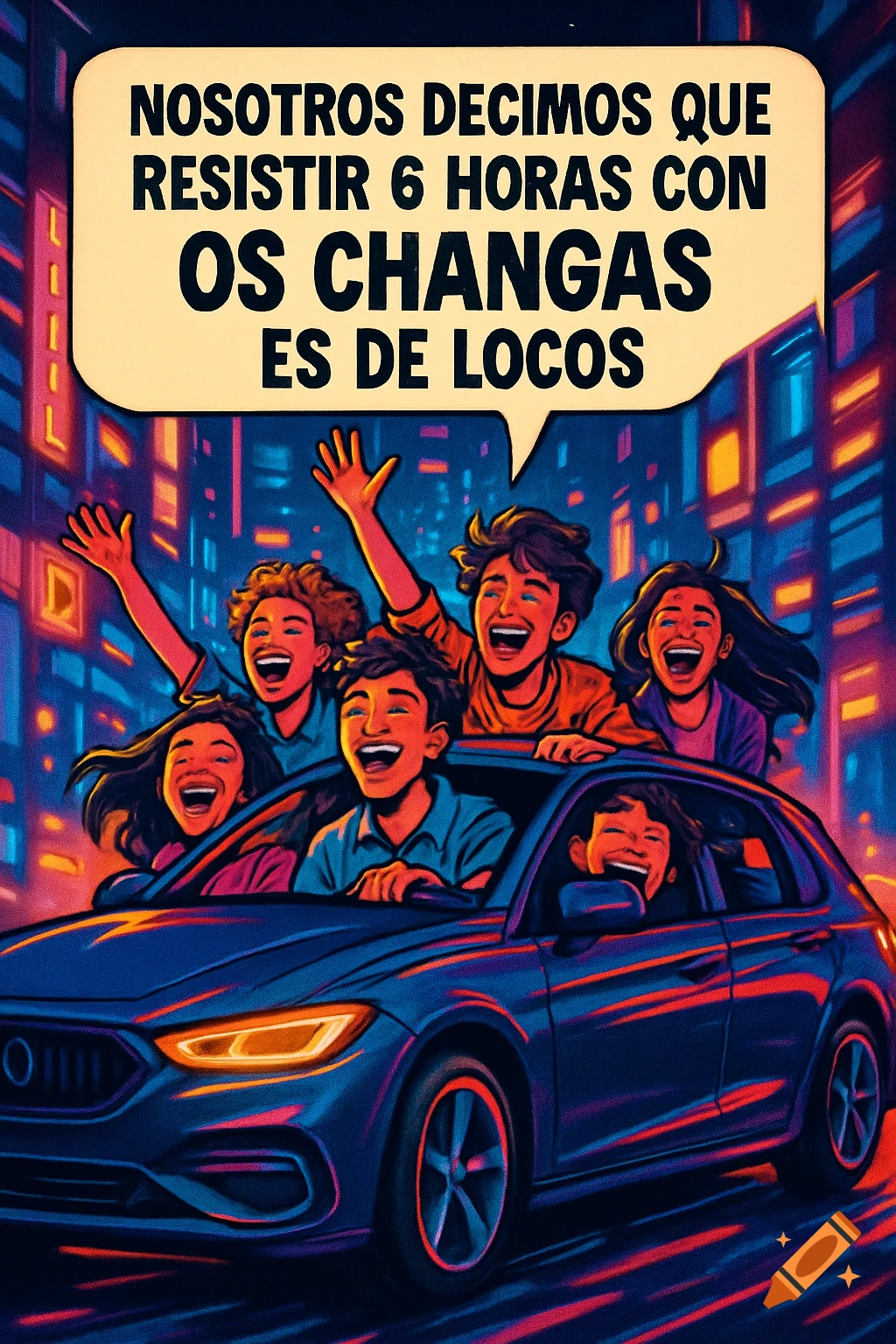 Five joyful young people in a blue car drive through a neon-lit city at night. A speech bubble contains Spanish text. Vibrant illustration style.