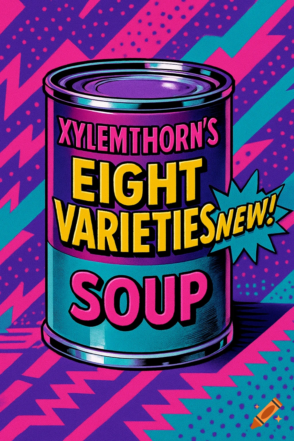 Pop art illustration of a soup can with text 'Xylemthorn's Eight Varieties New! Soup' on a vibrant patterned background.