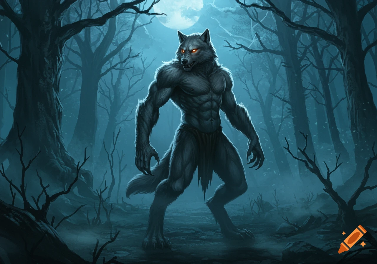 A muscular gray werewolf with glowing red eyes stands in a dark, foggy forest under a full moon, in an illustrative style.