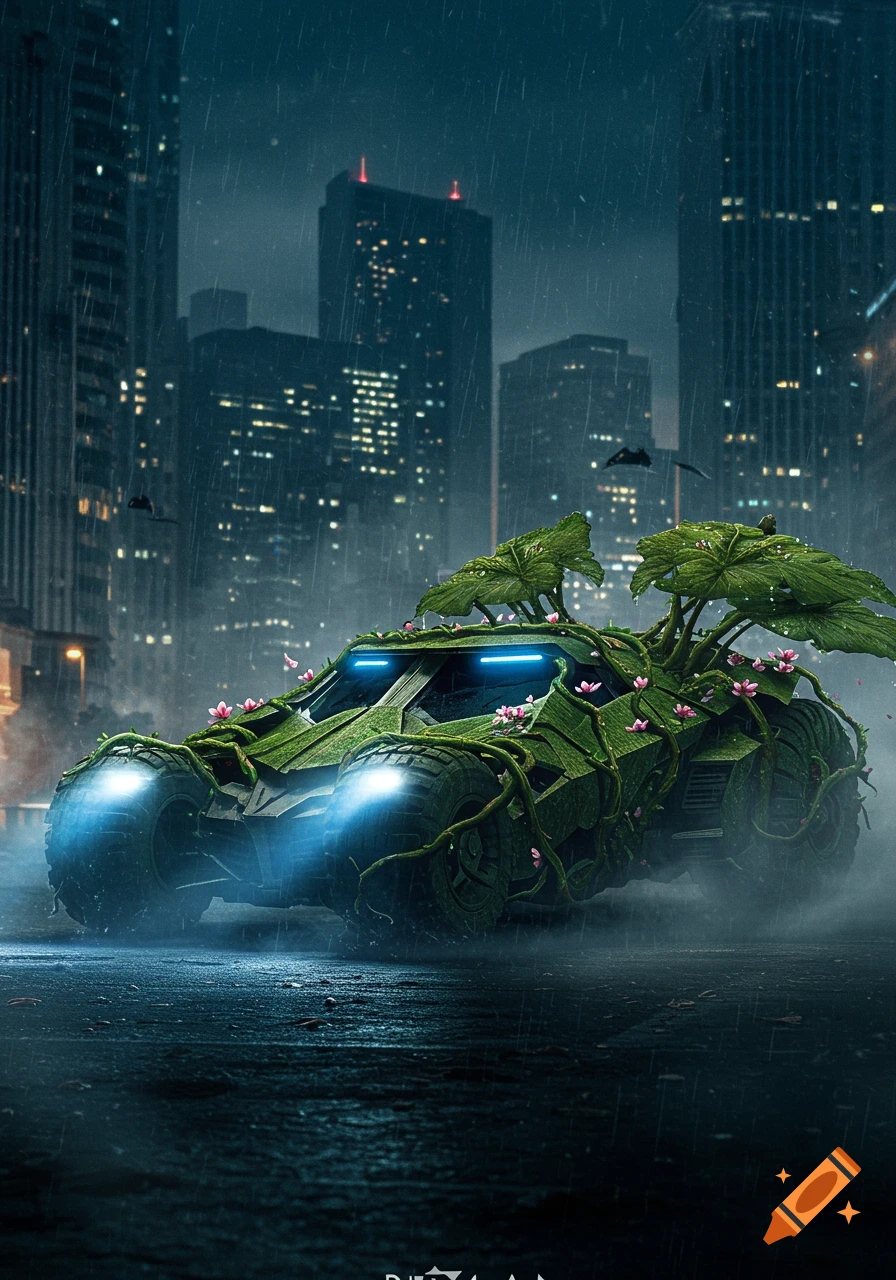 A Batmobile-like vehicle overgrown with green vines and pink flowers, with glowing headlights, drives on a wet city street in the rain at night.