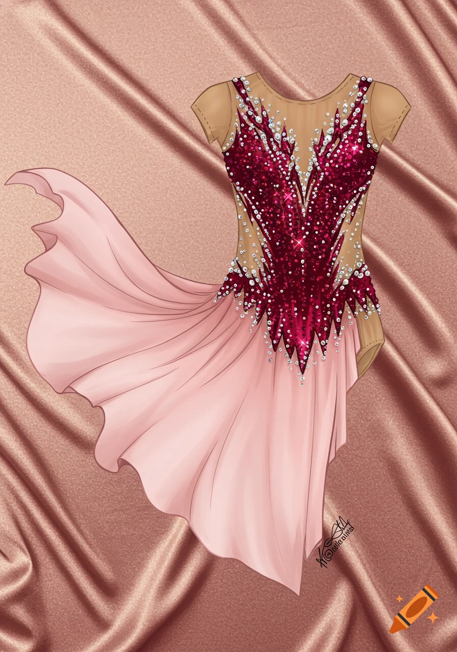 Illustrated rhythmic gymnastics leotard with a sparkly maroon top and a flowing light pink skirt, on a satin background.