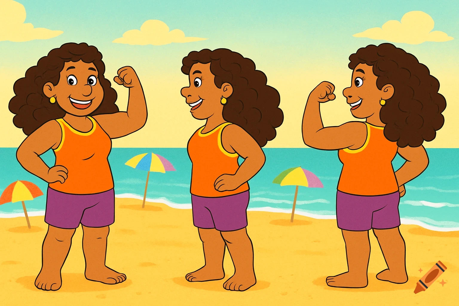 Three cartoon images of Alma's mom flexing her muscles on a sunny beach, in an orange tank top and purple shorts.