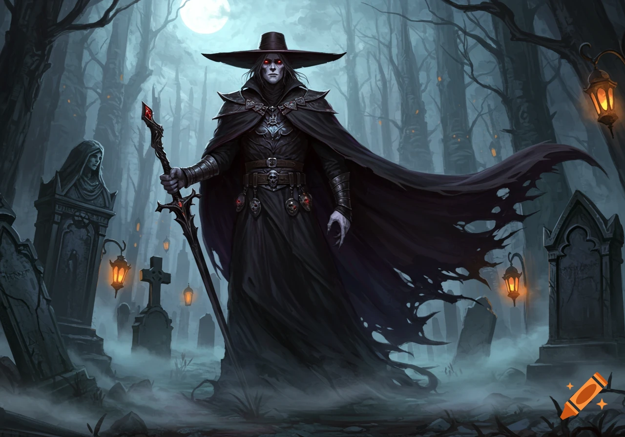 A pale vampire in a wide-brimmed hat and black cape, holding a sword in a misty gothic graveyard under a full moon. Dark fantasy art.