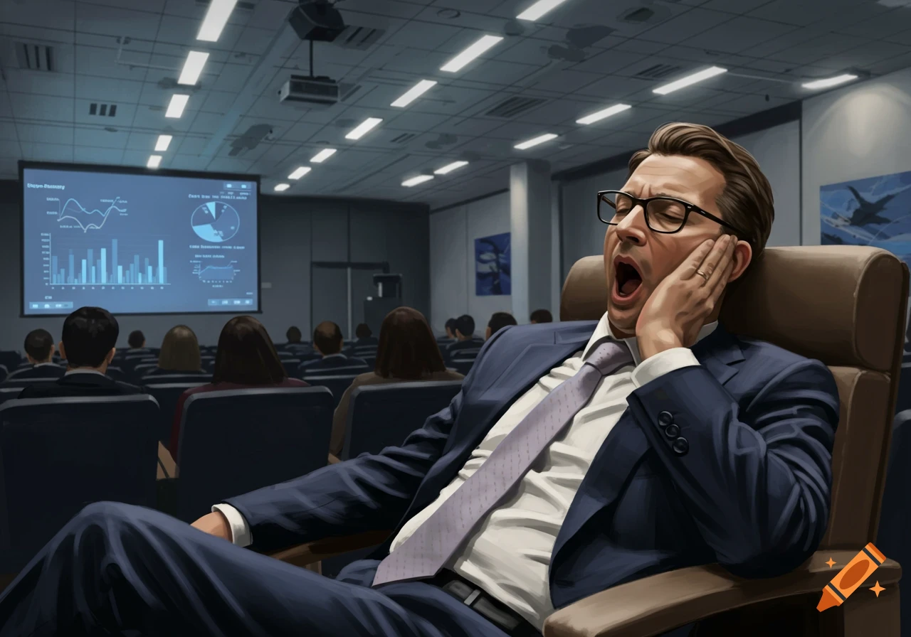 A man in a suit and glasses yawns widely, bored during a business presentation in a dark meeting room.