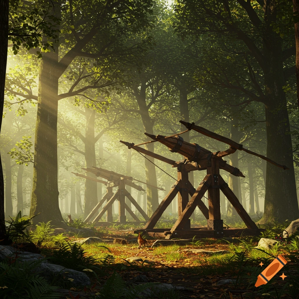 Two large wooden ballistas stand in a sun-dappled, photorealistic forest clearing.