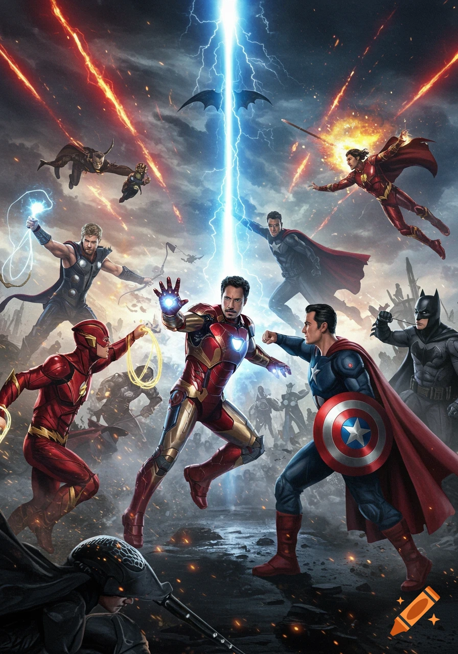 Heroic illustration of Marvel and DC superheroes, including Iron Man, Captain America, Thor, Flash, Superman, and Batman, battling amidst lightning and energy blasts.
