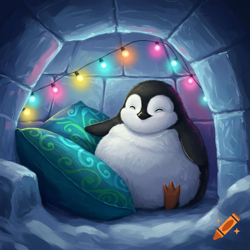 A cute, fluffy penguin sits cozily inside an icy igloo, surrounded by colorful string lights and teal pillows.