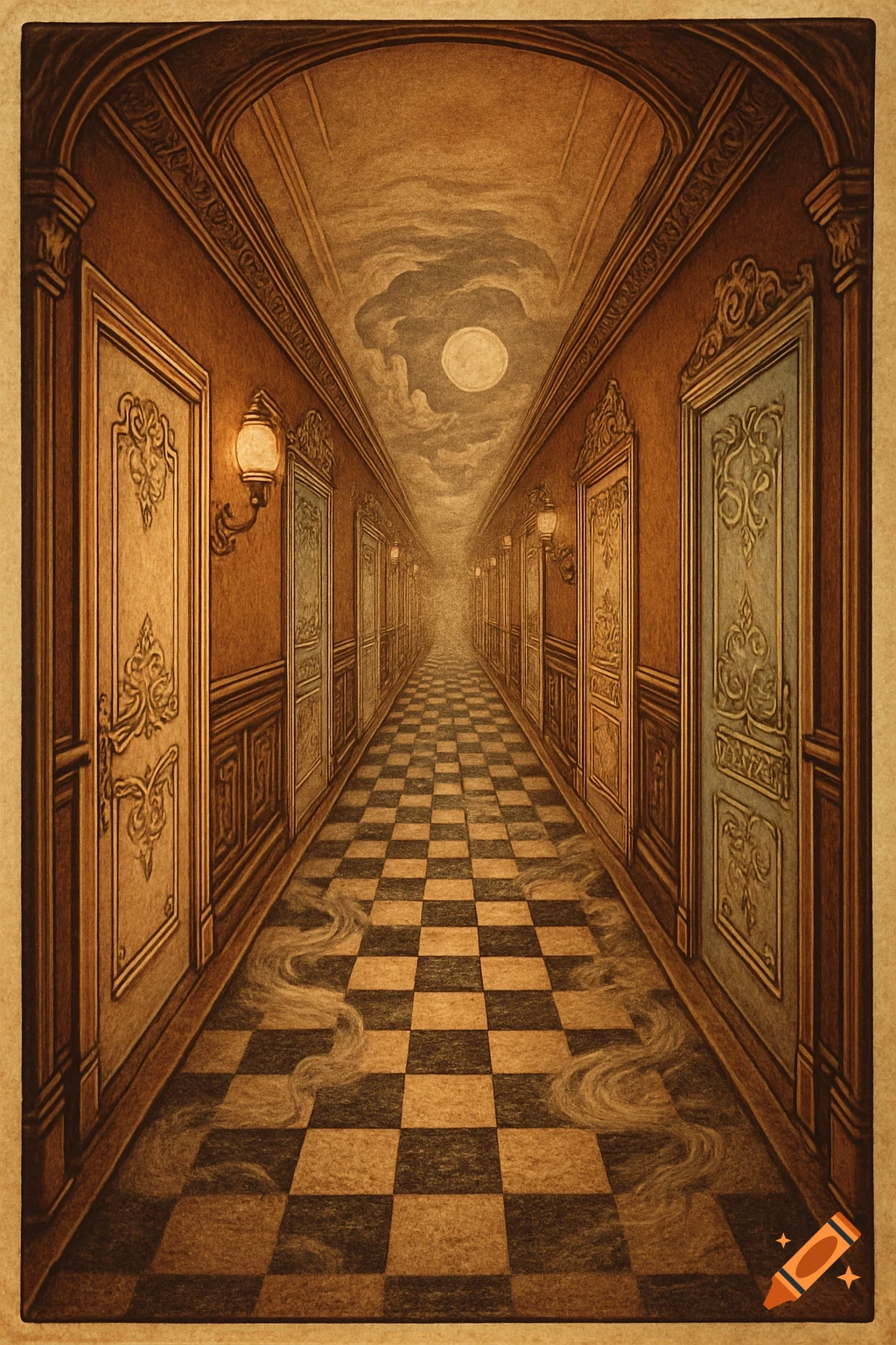 Vintage poster art of a long, ornate hallway with many doors, a checkered floor, and a moon in the cloudy ceiling.