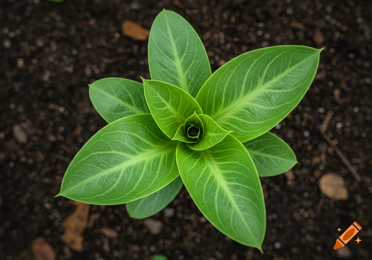 Top-down view of a vibrant green plant with several leaves, centered in dark soil, photorealistic.
