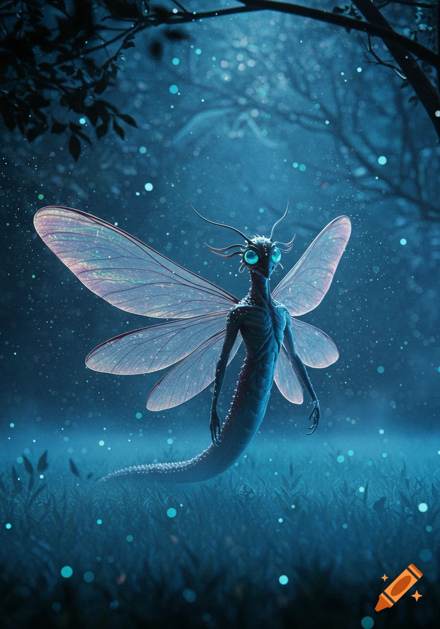 A glowing blue insectoid fairy-like creature with large iridescent wings stands in a mystical dark forest with floating lights.