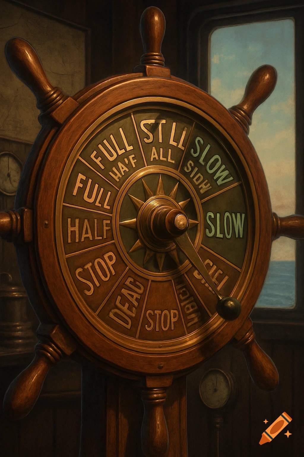 Close-up of a vintage wooden and brass ship's command wheel with legible and garbled text markings, and a lever pointing to 'SLOW'. A window showing the ocean is in the background.