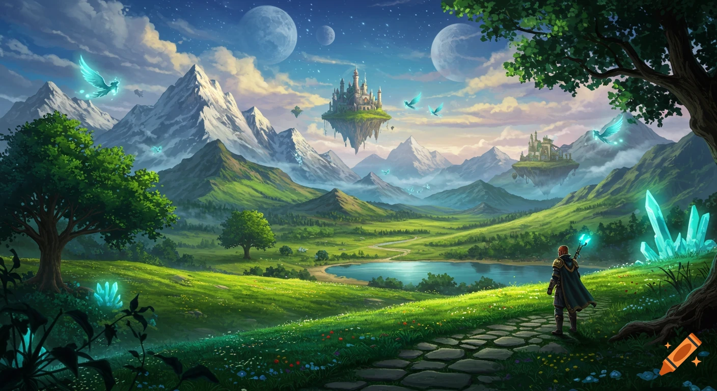 A fantasy landscape with a person on a path overlooking floating castles, mountains, a lake, and glowing crystals under multiple moons.