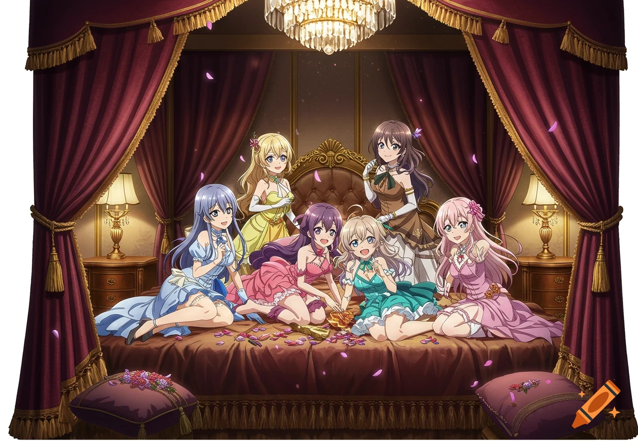 Seven anime girls in colorful dresses lounge on an ornate bed with petals in a luxurious room.