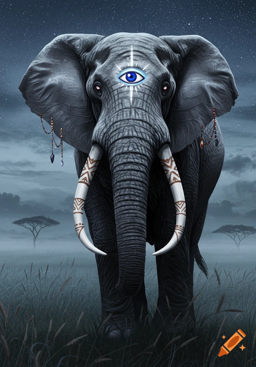 An ethereal elephant with a blue third eye and tribal tusks stands in a misty savanna at night.
