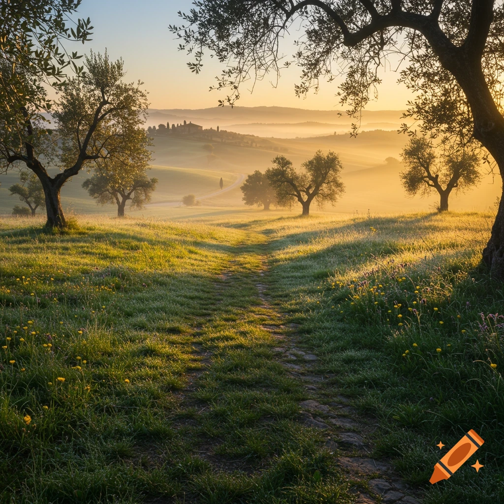 A winding path through a misty green field with olive trees at sunrise, leading to distant hills and a village under a warm, glowing sky.