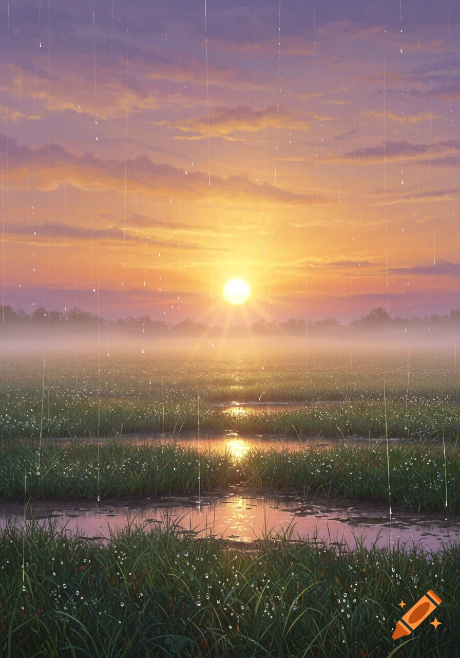 Illustrated landscape of a vibrant sunrise over a misty green field with puddles and falling rain.