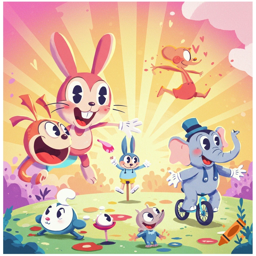 Vibrant cartoon illustration of cheerful animals: rabbits, mouse, dog, and an elephant on a bicycle in a bright outdoor landscape.