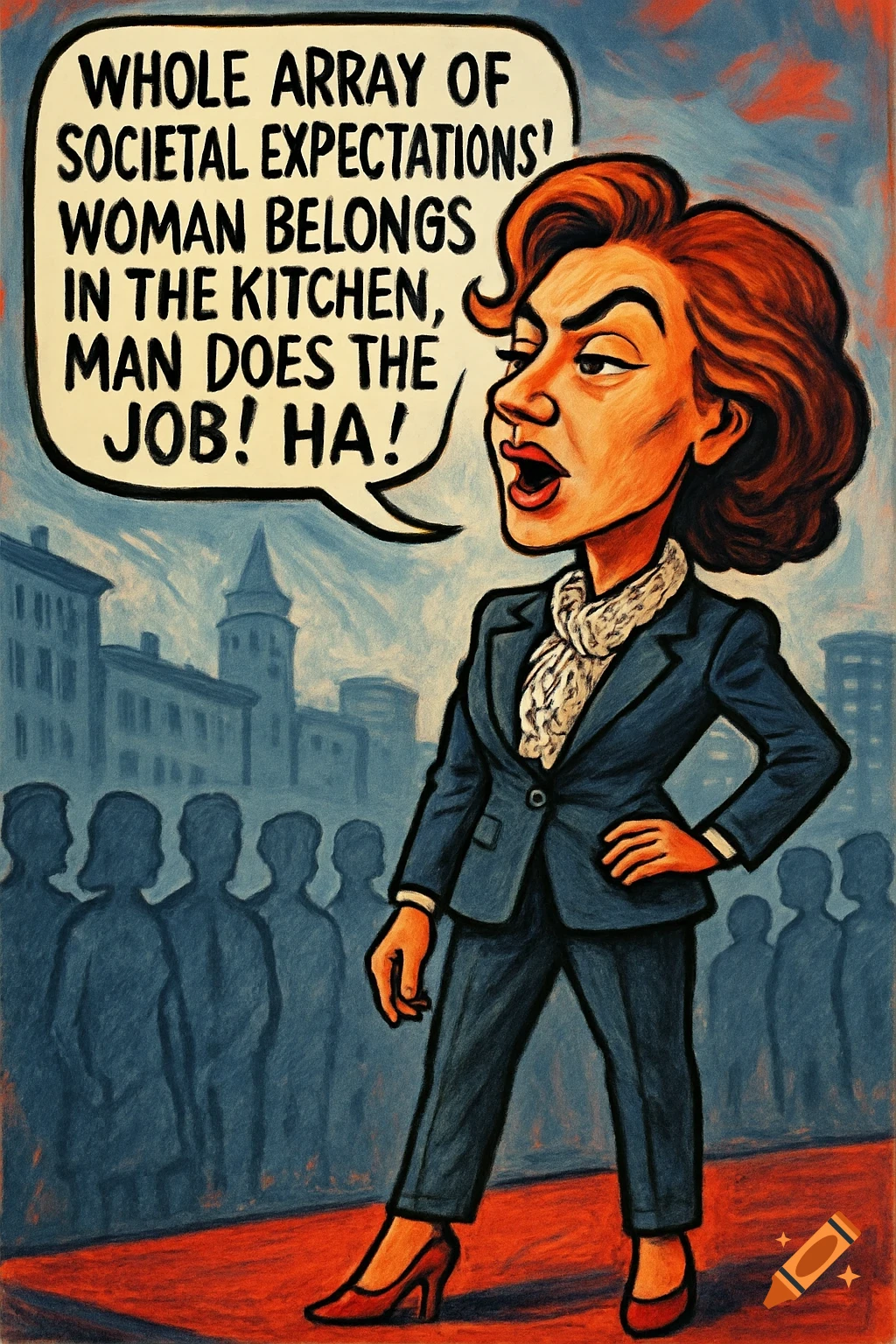 Caricature of an angry woman in a business suit speaking about societal gender expectations, with background silhouettes.