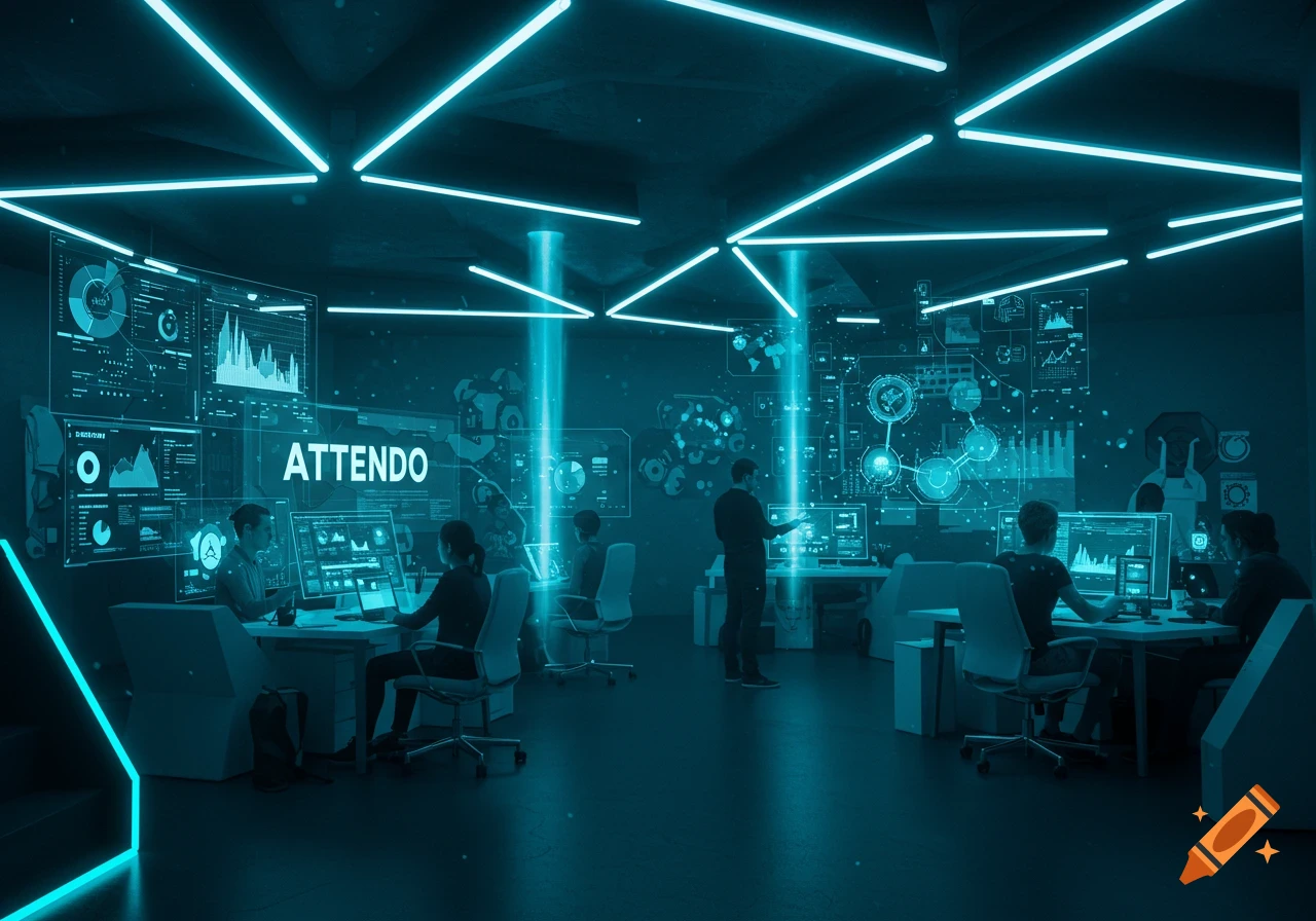 A futuristic, neon-lit cyberpunk office with people working on computers displaying holographic data screens.