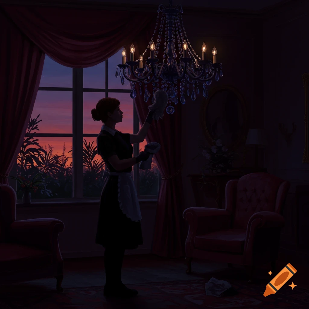 A maid in a dark elegant room cleans a crystal chandelier as a vibrant orange and purple sunset glows outside a large window.