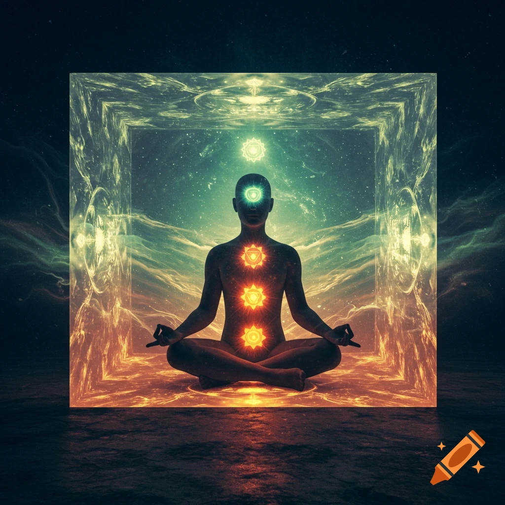 A meditating figure in a lotus pose emanates glowing energy from chakras within a cosmic, glowing cube.