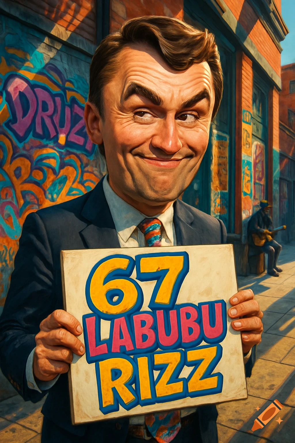 Caricature of a smiling man in a suit holding a '67 LABUBU RIZZ' sign in front of a graffiti wall.