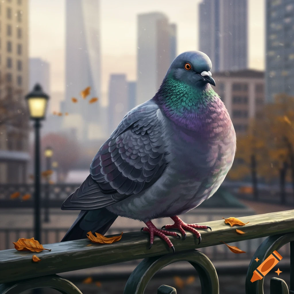 A colorful pigeon with green and purple feathers perched on a city railing with autumn leaves and buildings in the background.