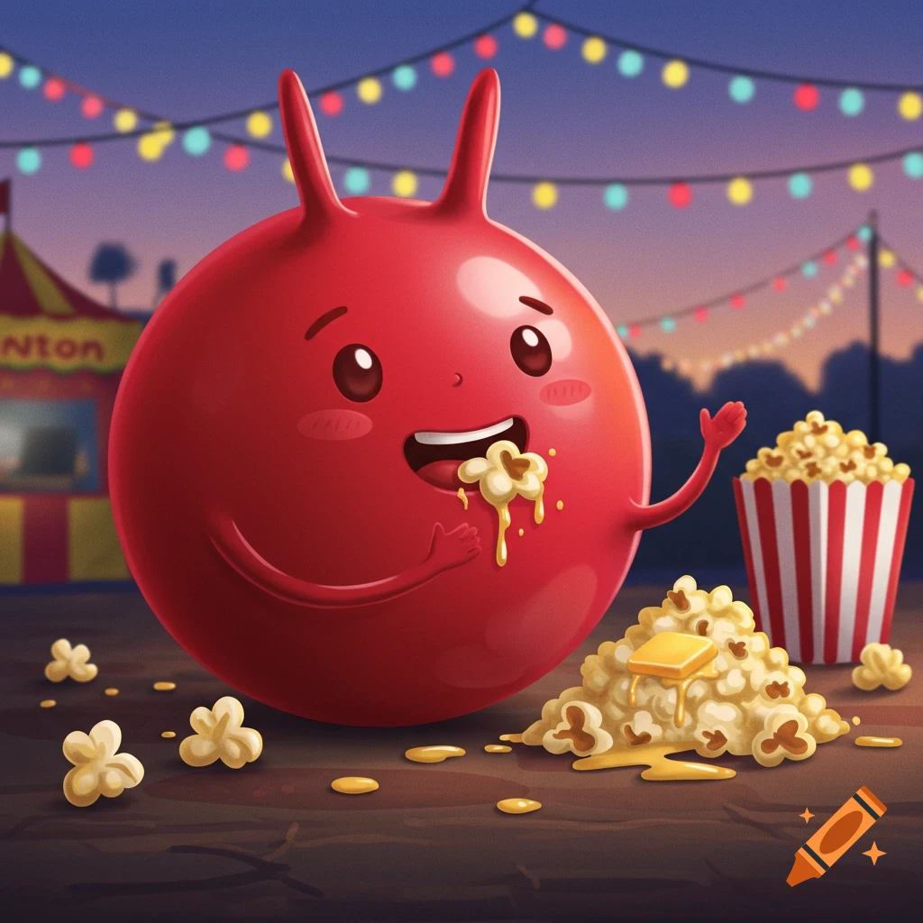 A cute red bouncy ball character with bunny ears happily eats popcorn at a carnival with string lights.
