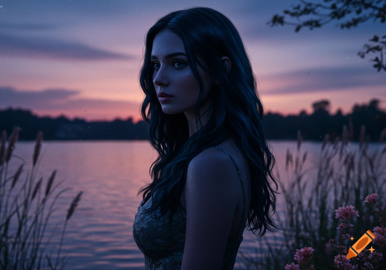 A young woman with dark hair gazes over a serene lake at sunset, with a purple and pink sky.