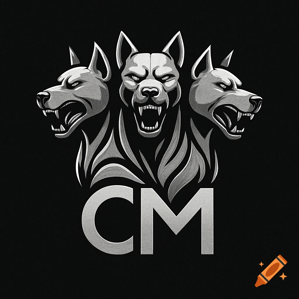 Stylized monochrome logo featuring a three-headed dog with bared teeth, and the letters CM below.