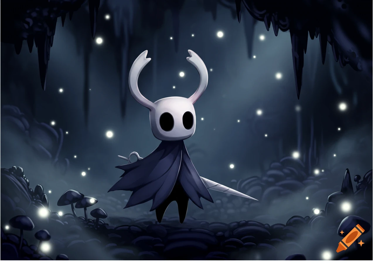 Stylized illustration of the Hollow Knight character standing in a dark, glowing cave with mushrooms.
