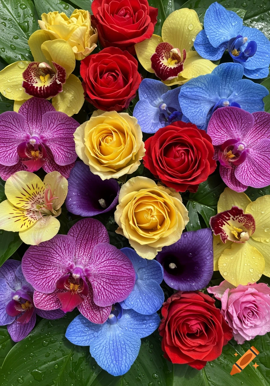 Vibrant, top-down view of colorful roses, orchids, and calla lilies on green leaves with water droplets.