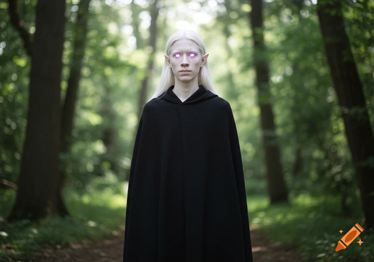 An albino elf with long white hair and glowing purple eyes, wearing a black cloak, stands in a forest.