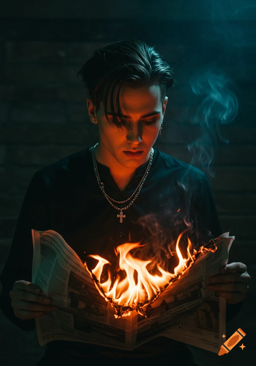 A young man with dark hair and chains looks down contemplatively at a newspaper burning intensely in his hands, against a dark background.