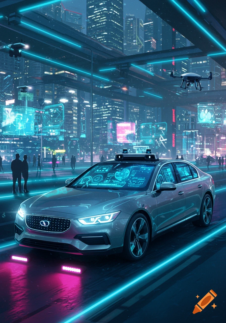 A futuristic autonomous car with glowing blue interfaces on its windows drives through a neon-lit cyberpunk city at night, with drones flying overhead.
