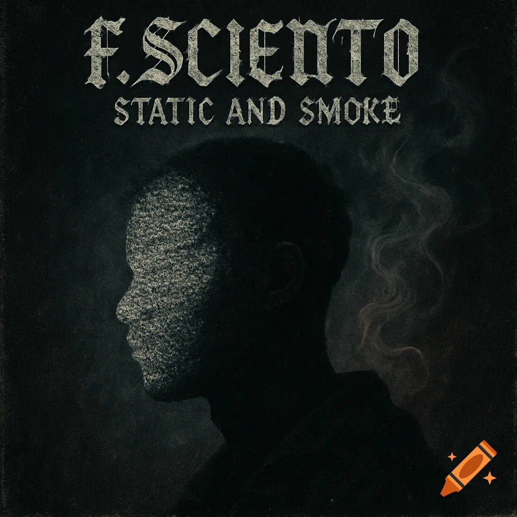 Dark album cover featuring a silhouette profile of a face, half covered in static, half fading into smoke, with gothic text.