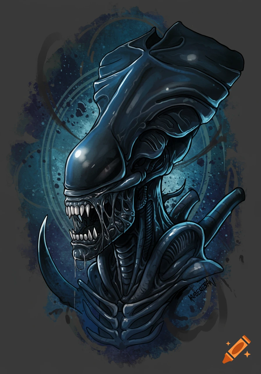 Neo traditional tattoo design of a blue-black Xenomorph Queen with sharp teeth and a menacing look, against a blue splattered background.