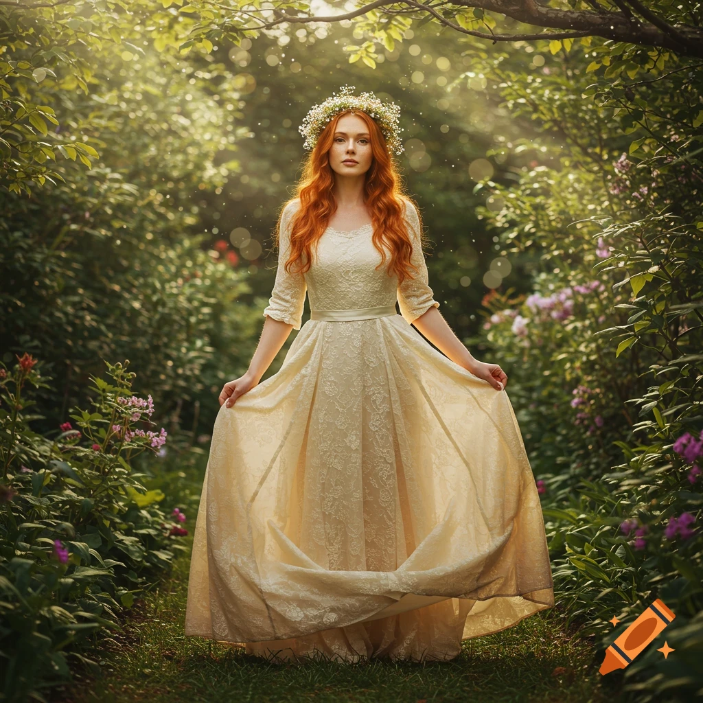 A redheaded woman in a cream lace dress and wildflower wreath stands in a sun-dappled lush garden.