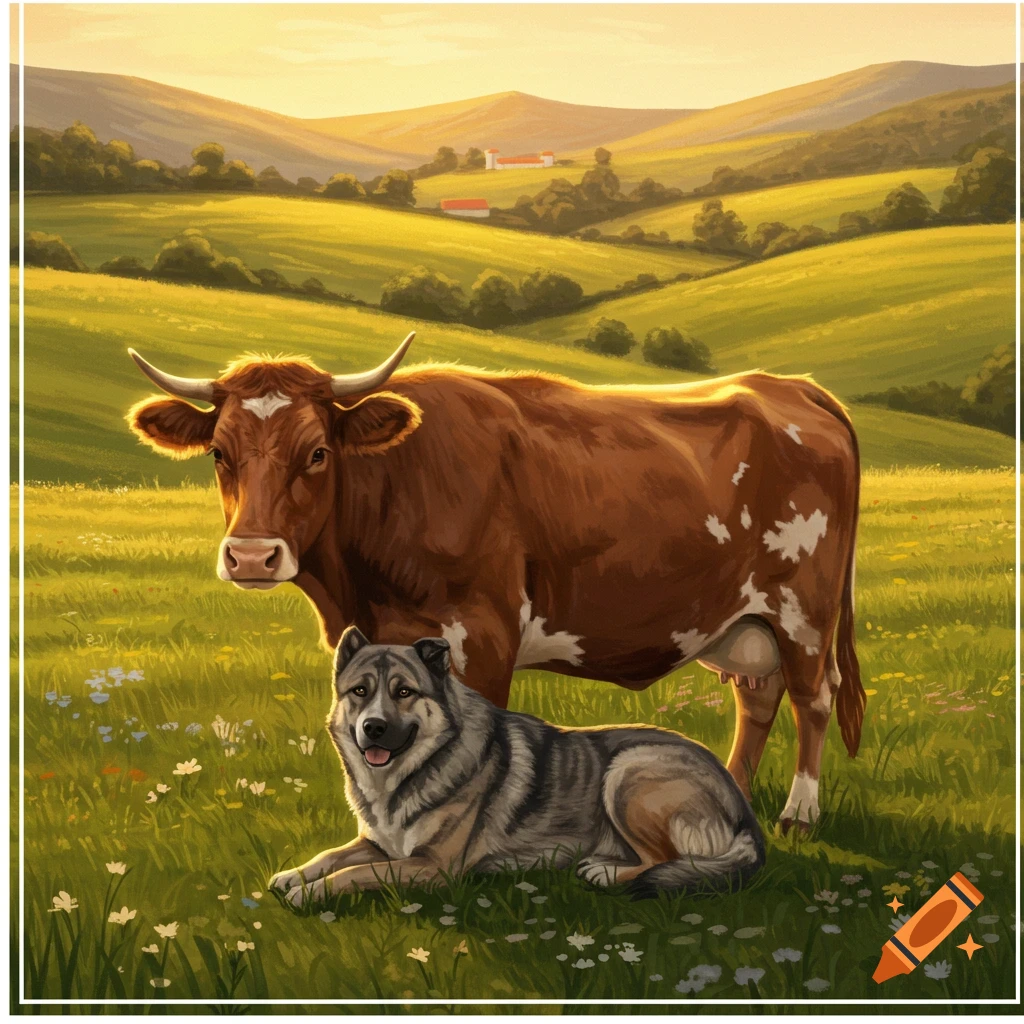 An illustration of a brown cow standing next to a gray dog lying in a green field with wildflowers, under a golden sky and rolling hills.