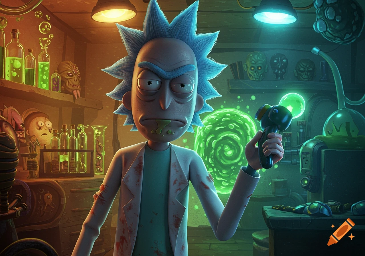 3D render of Rick Sanchez in his lab, green drool and stained coat, holding a glowing portal gun next to a swirling green portal.