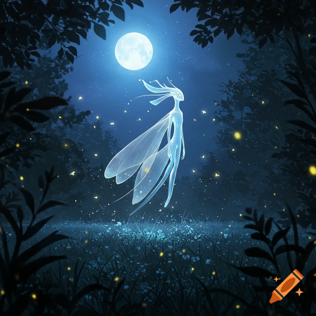 Glowing blue spirit with delicate wings floats in a dark forest under a full moon, surrounded by fireflies and small flowers, digital art.