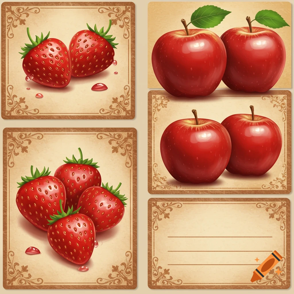 Vintage-style cards displaying realistic illustrations of ripe red strawberries and apples.