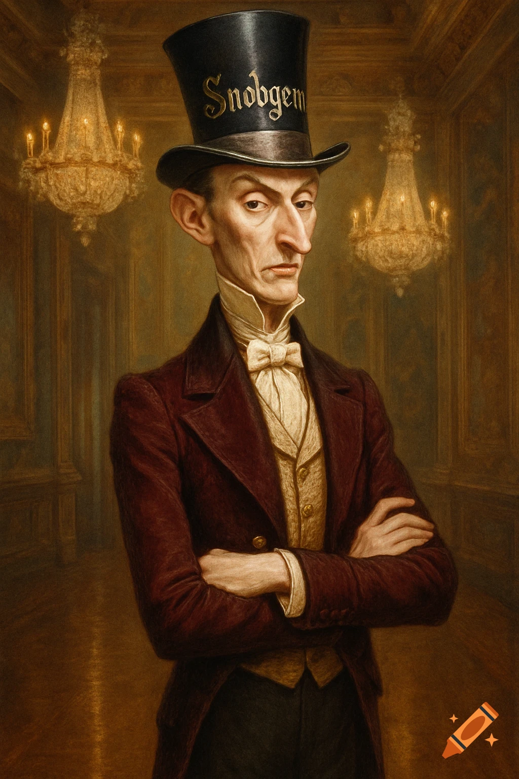 A dapper, gaunt man in a red coat, cream waistcoat, and top hat with "Snobgem" on it, stands with crossed arms in a grand, dimly lit room.