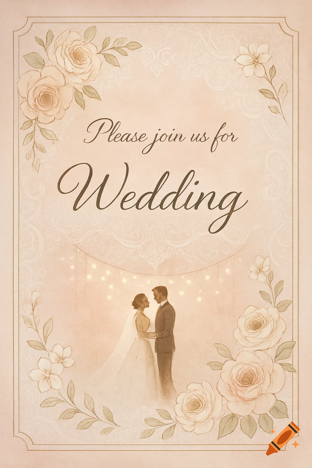 Watercolor wedding invitation with a couple, string lights, and floral borders.